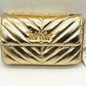 NWT Nicole Miller Gold Vegan Leather Quilted Small Handbag Crossbody Gold Chain